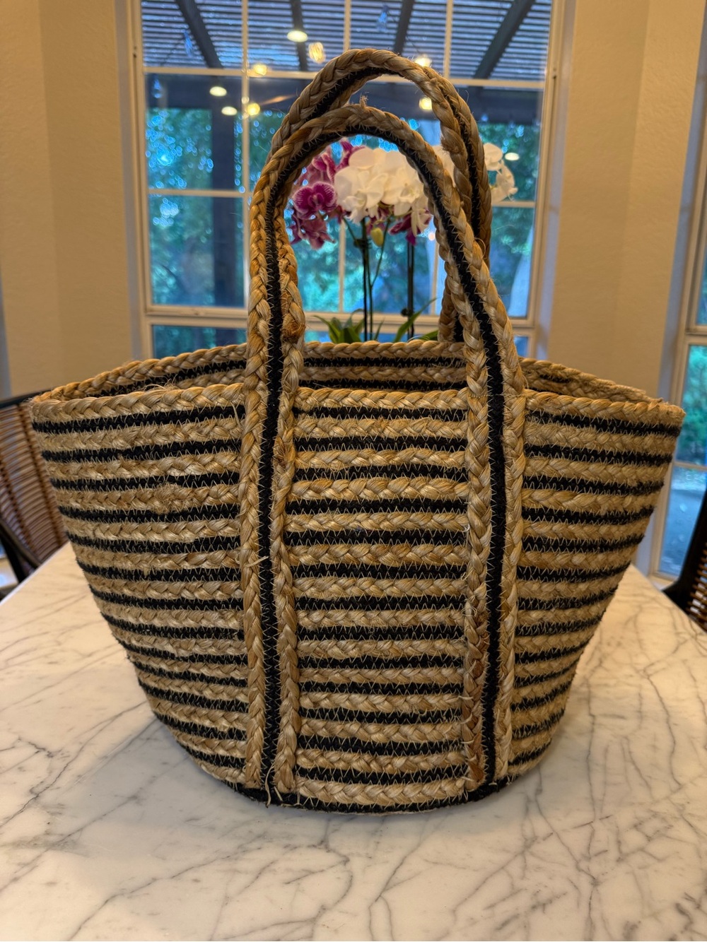 Zara Black and Natural Striped Woven Tote